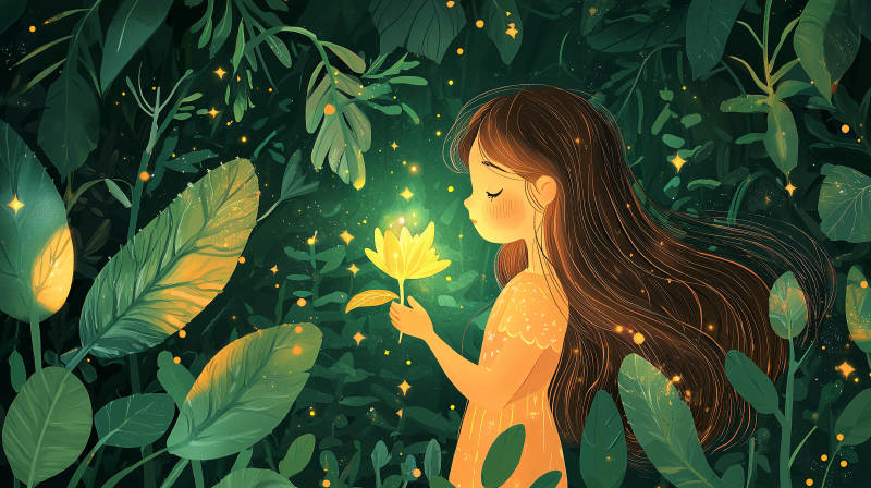 女孩与发光的花朵图片