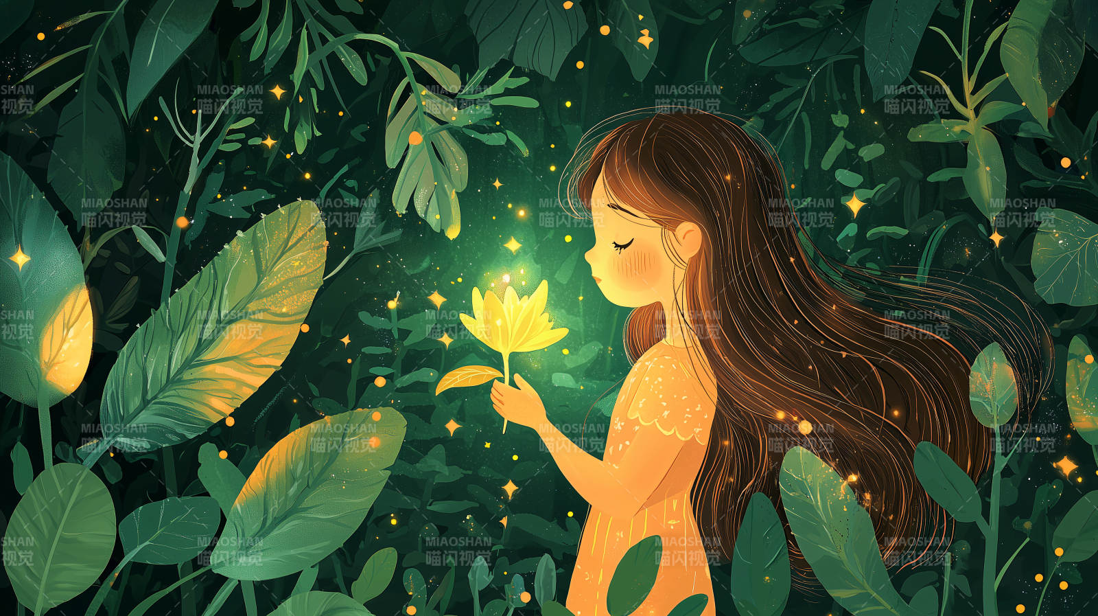 女孩与发光的花朵图片