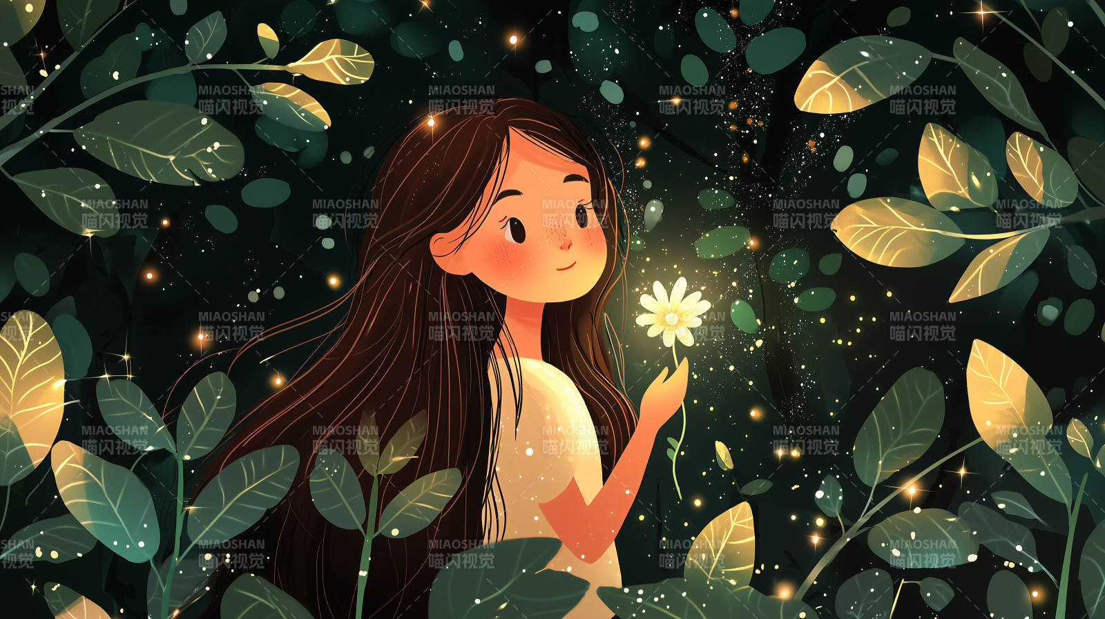 女孩与发光的花朵图片