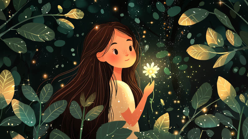 女孩与发光的花朵图片