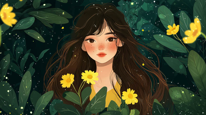 女孩与发光的花朵图片