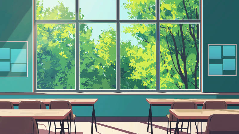 明亮教室的绿意窗景图片