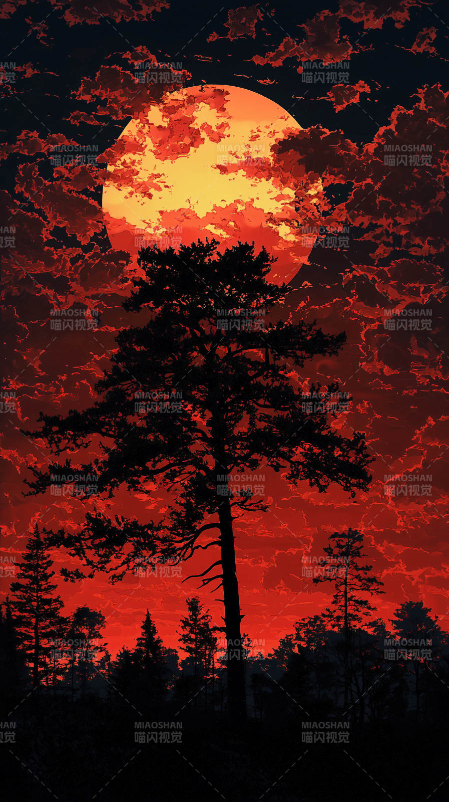 红月下的孤树图片