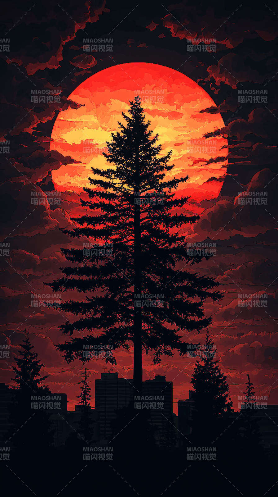 红月下的孤树图片