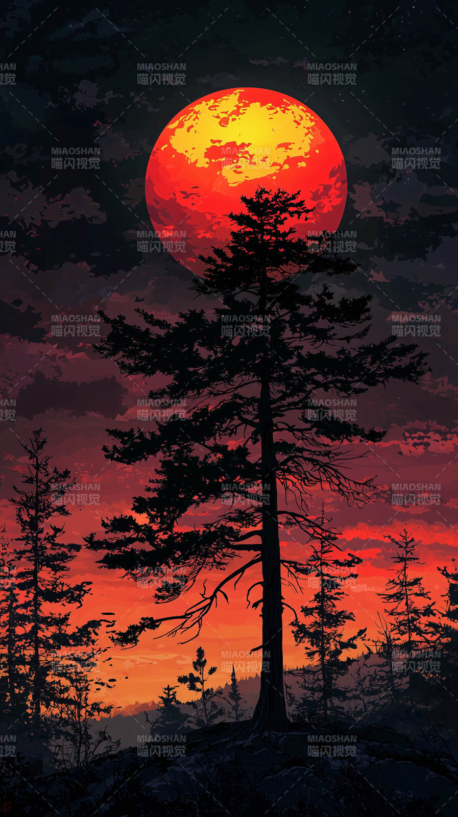 红月下的孤树图片