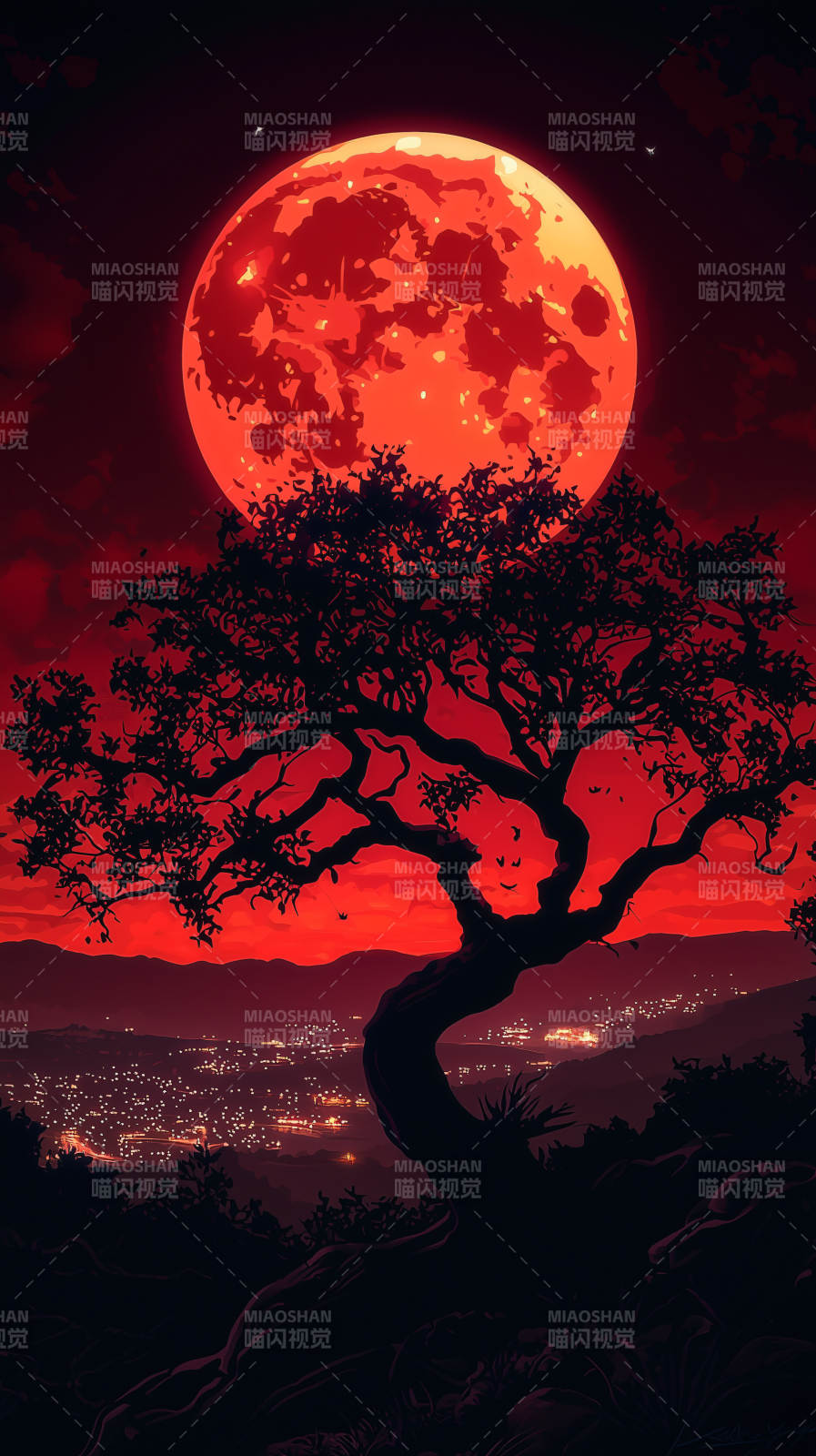 红月下的孤树图片