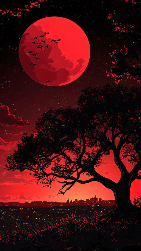 红月下的孤树图片