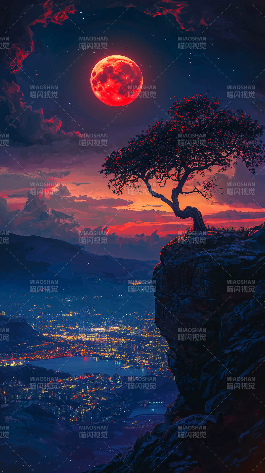 红月下的孤树图片