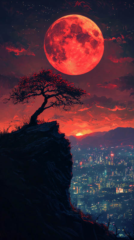 红月下的孤树图片