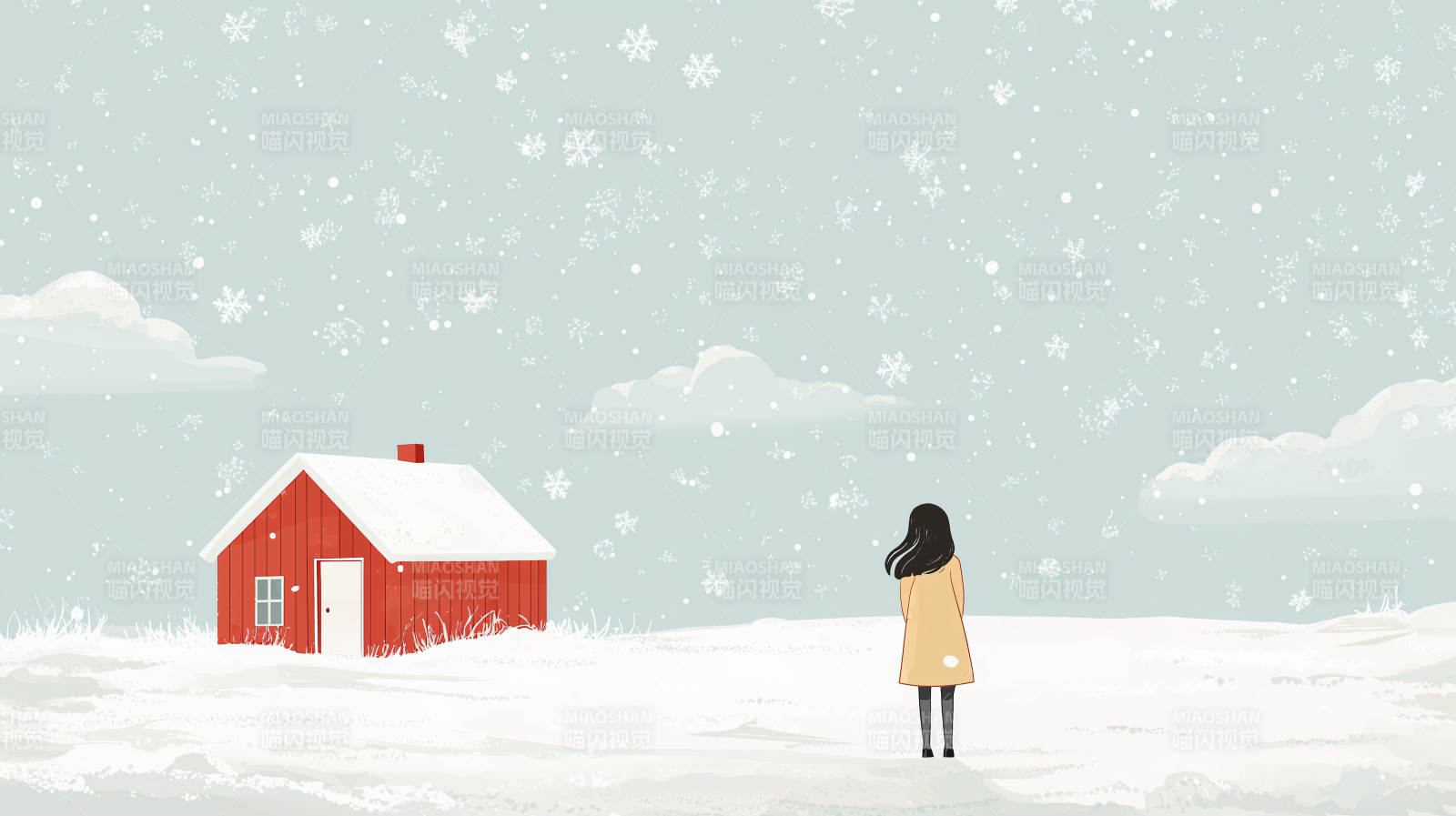 冬日雪景中的红色农舍图片