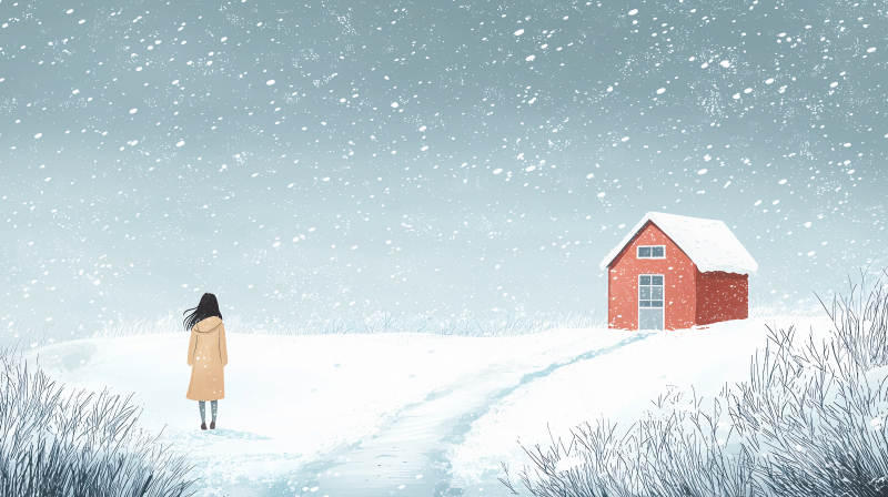 冬日雪景中的红色农舍图片