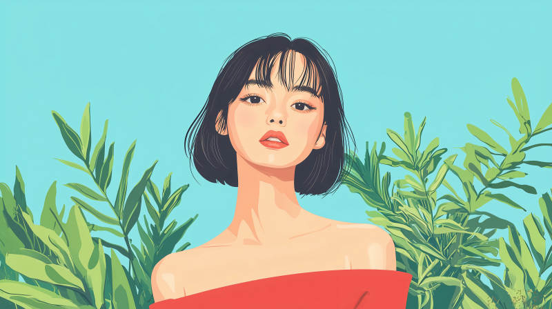 红衣少女与绿叶图片