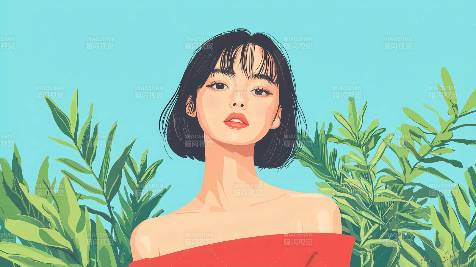 红衣少女与绿叶图片