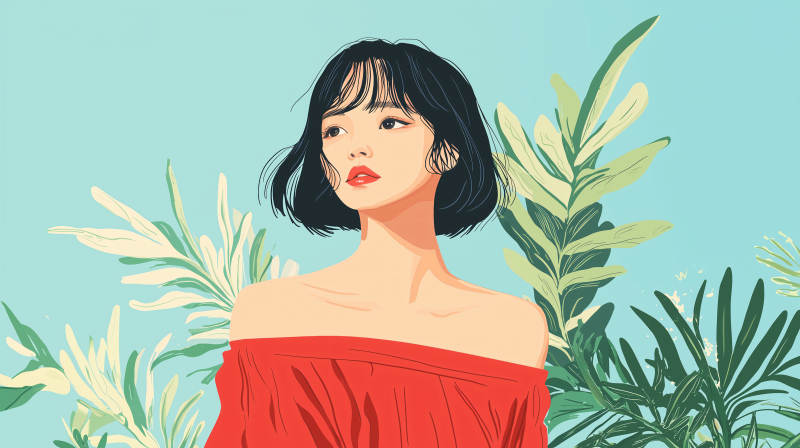 红衣少女与绿叶图片