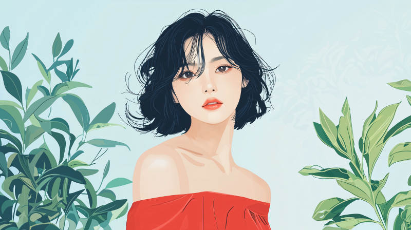 红衣少女与绿叶图片