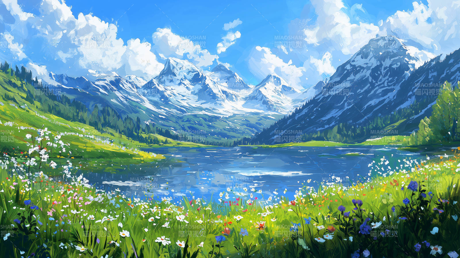 雪山环绕的野花田图片
