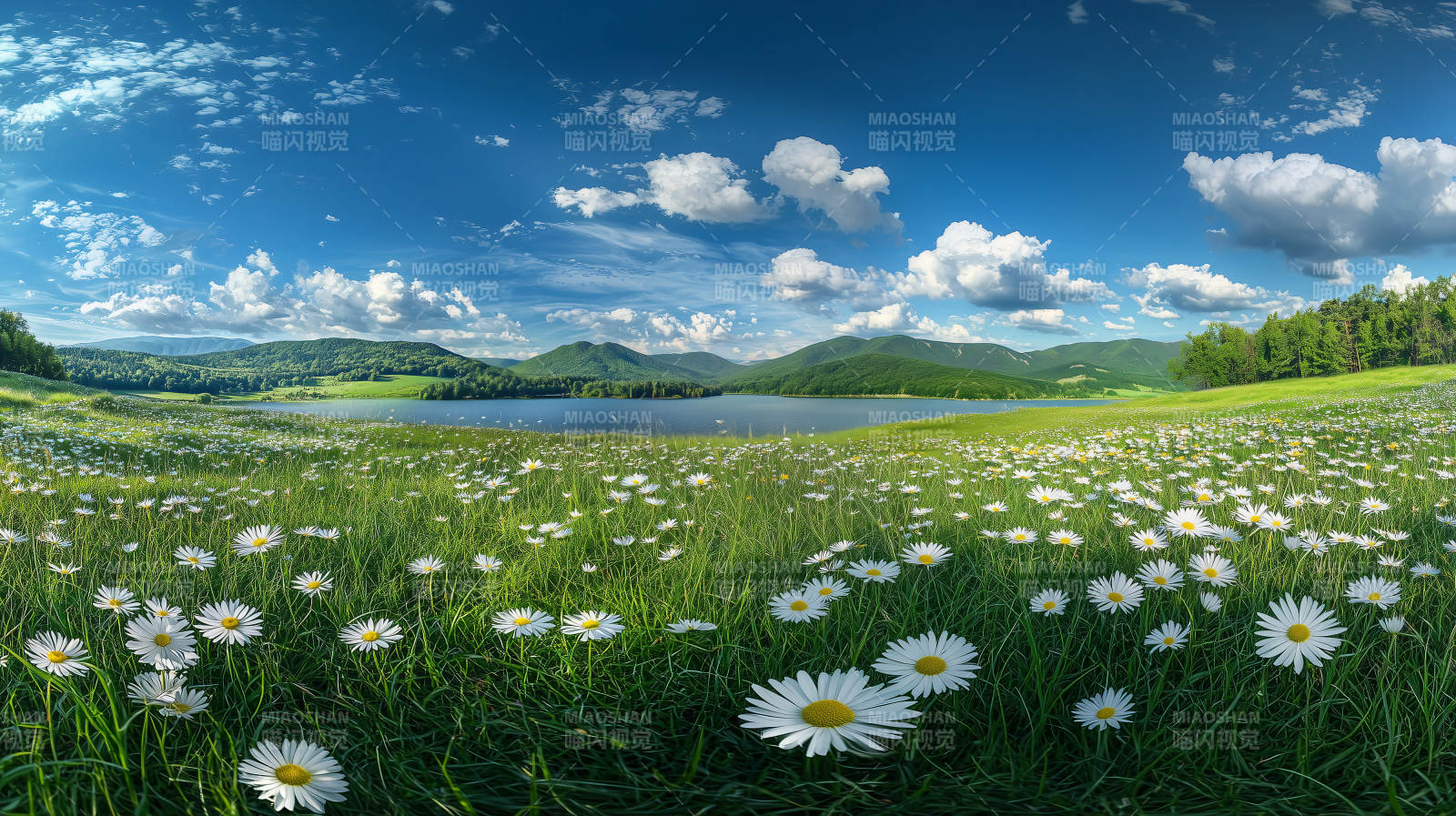 雏菊花海与山湖美景图片