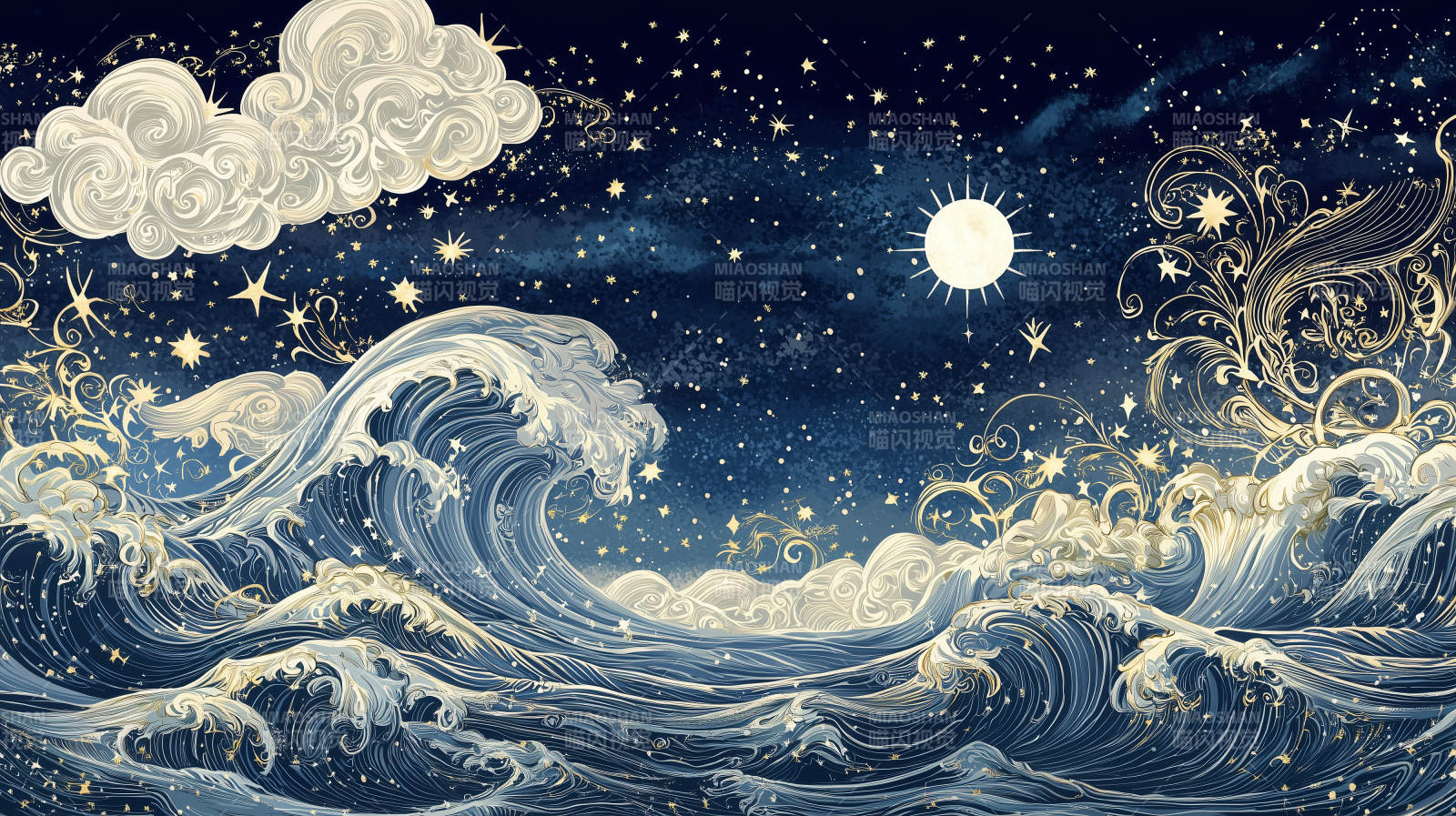 梦幻星空下的海浪图片
