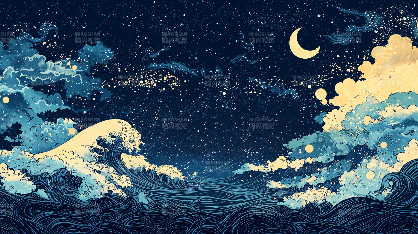 梦幻星空下的海浪图片