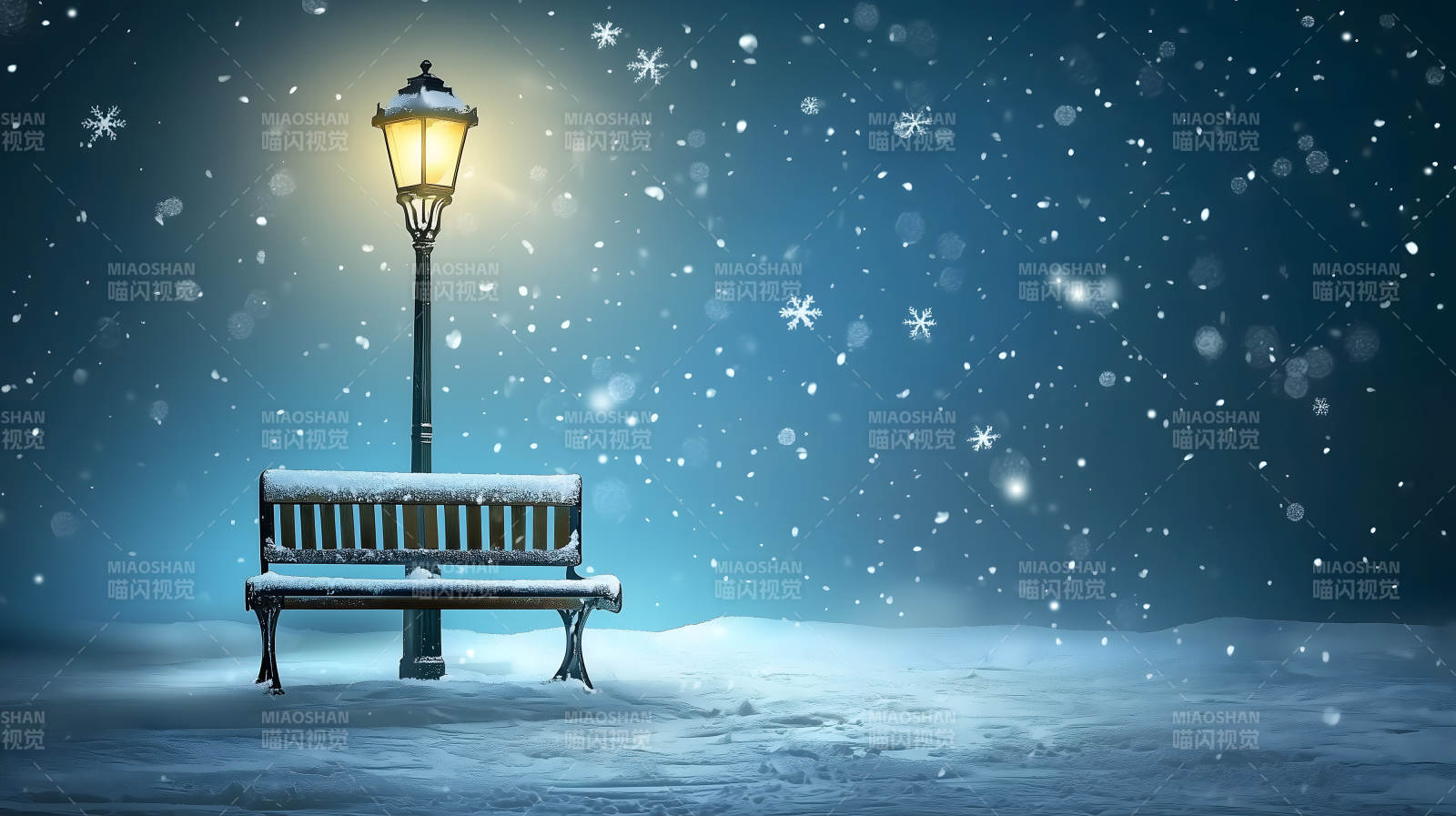 雪夜路灯下的长椅图片