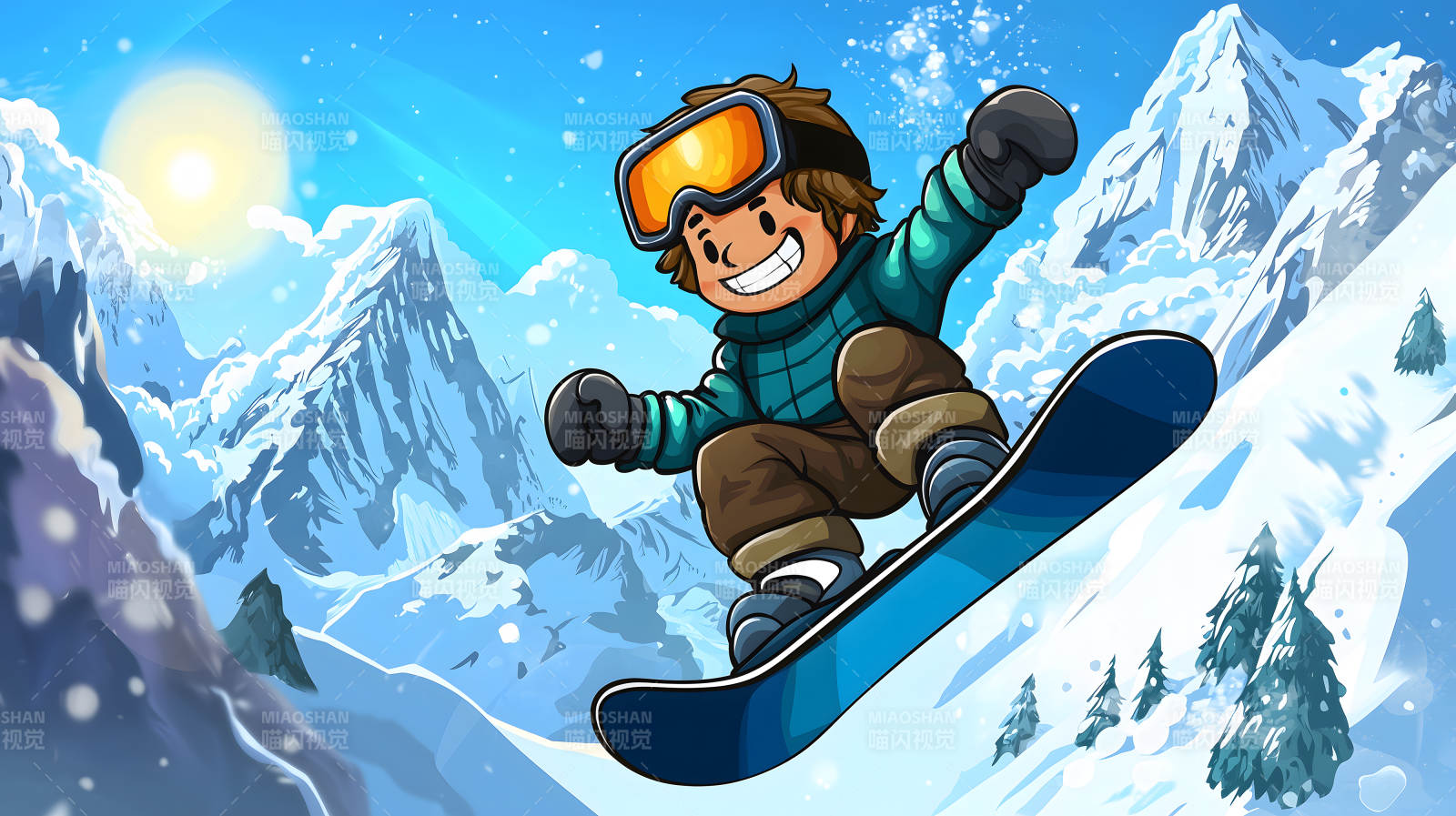 雪山飞驰的滑雪少年图片