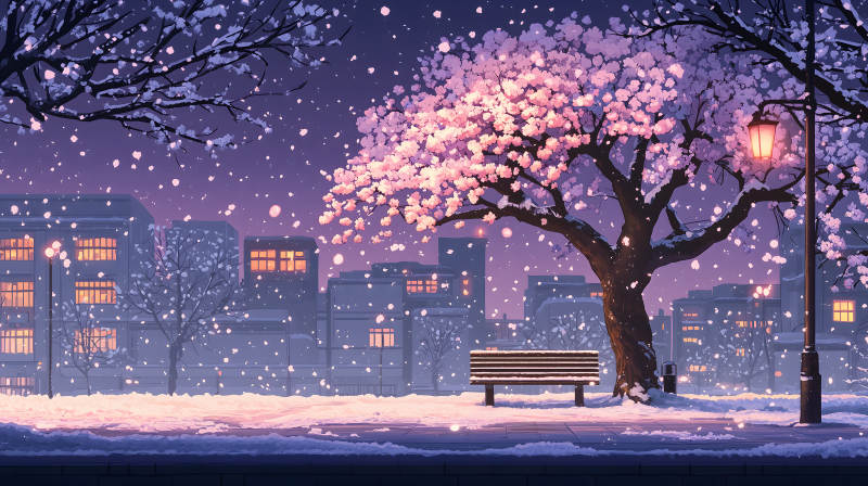 雪夜路灯下的长椅图片