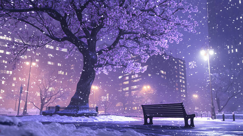 雪夜路灯下的长椅图片