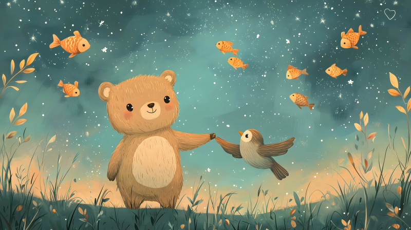小熊与飞鸟的星夜奇遇图片