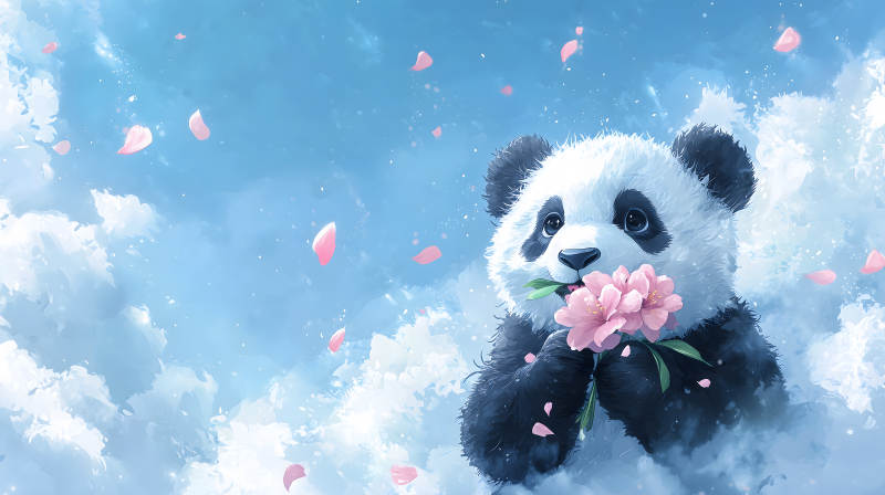 花瓣雨中的熊猫图片