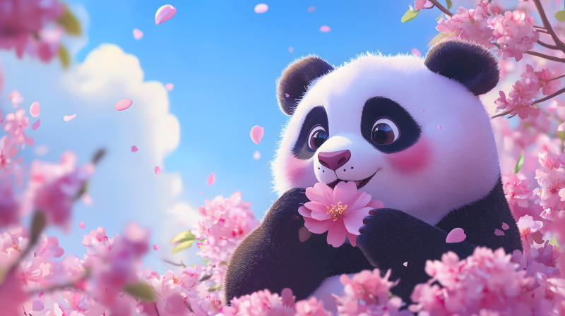 花瓣雨中的熊猫图片