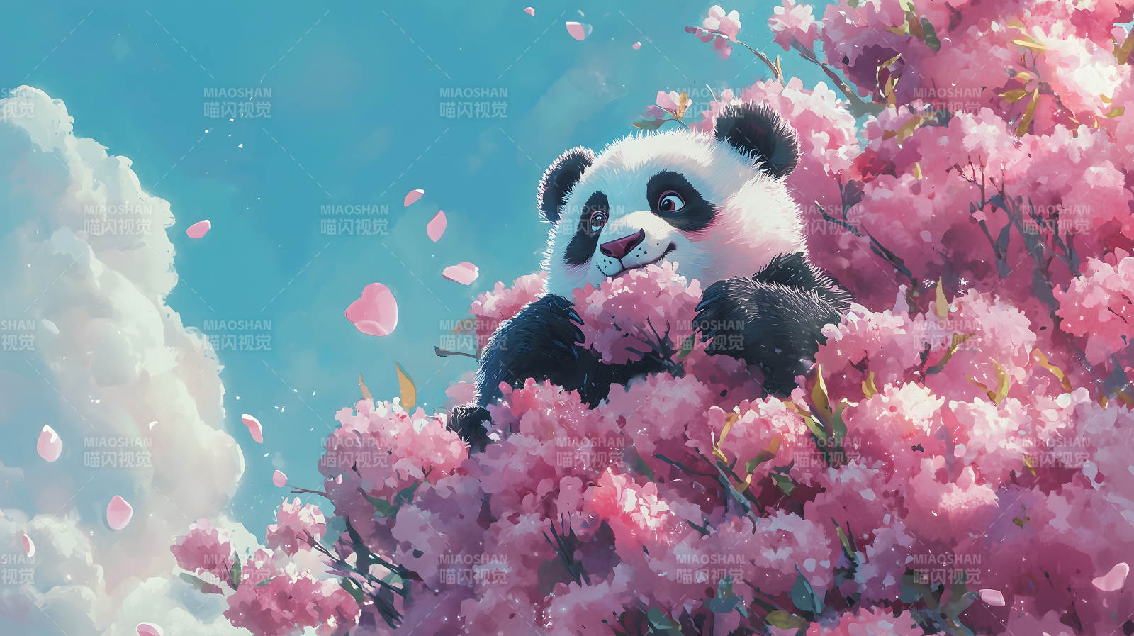 花瓣雨中的熊猫图片