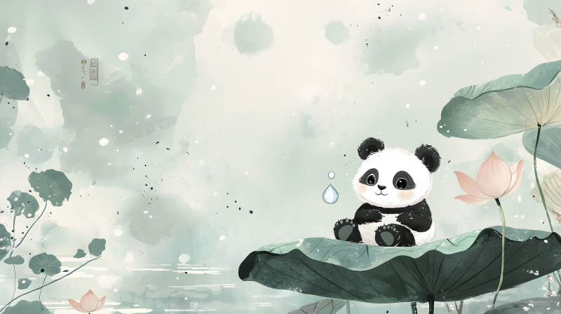 莲叶上的熊猫宝宝图片