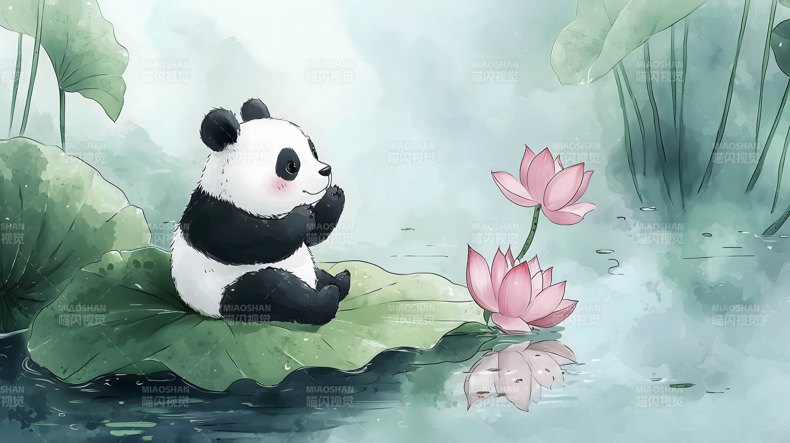 莲叶上的熊猫宝宝图片
