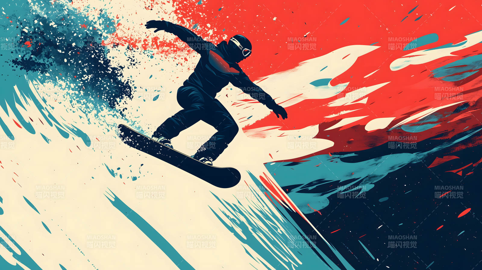 雪山飞驰的滑雪少年图片