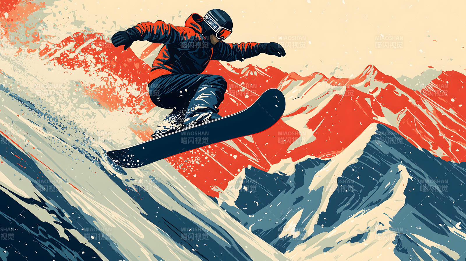 雪山飞驰的滑雪少年图片