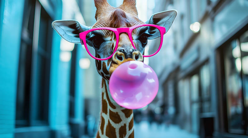 戴眼镜吹泡泡糖的长颈鹿图片