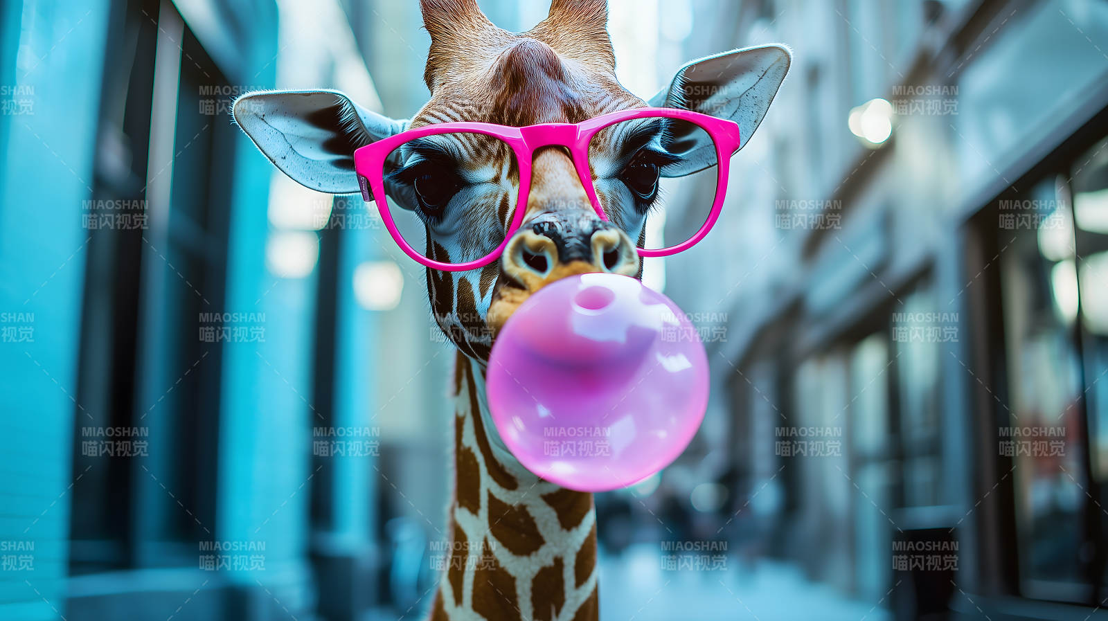 戴眼镜吹泡泡糖的长颈鹿图片
