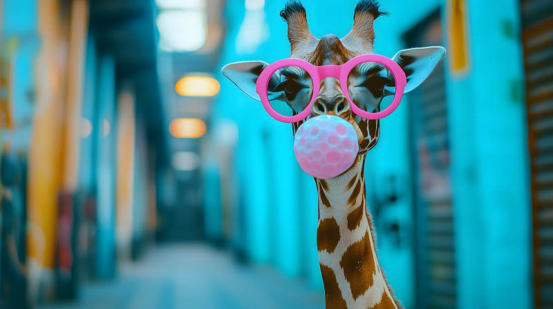 戴眼镜吹泡泡糖的长颈鹿图片