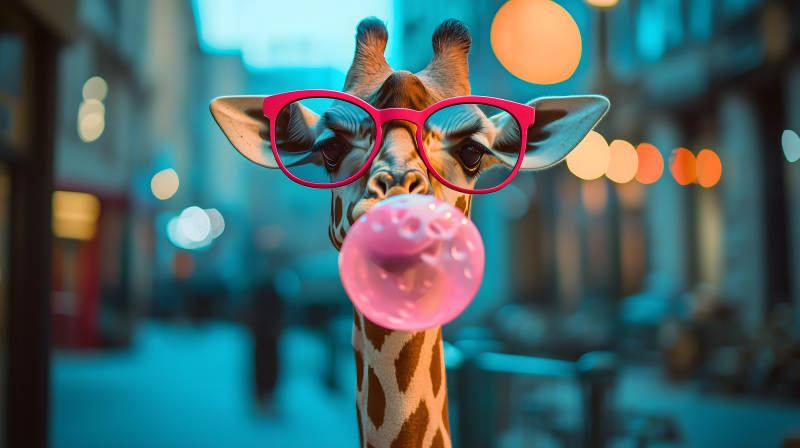 戴眼镜吹泡泡糖的长颈鹿图片