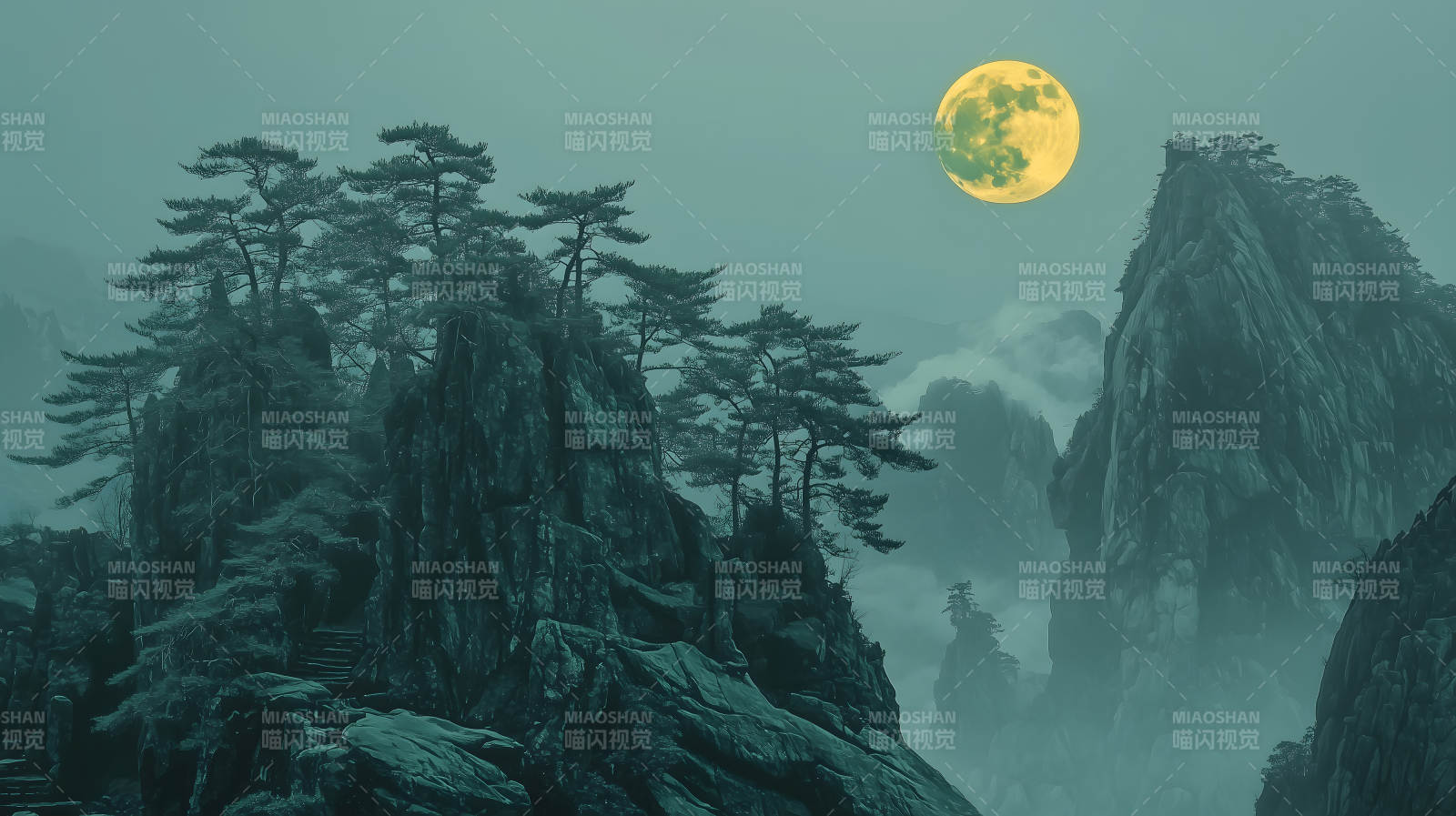 山间明月夜水墨山河月色图片