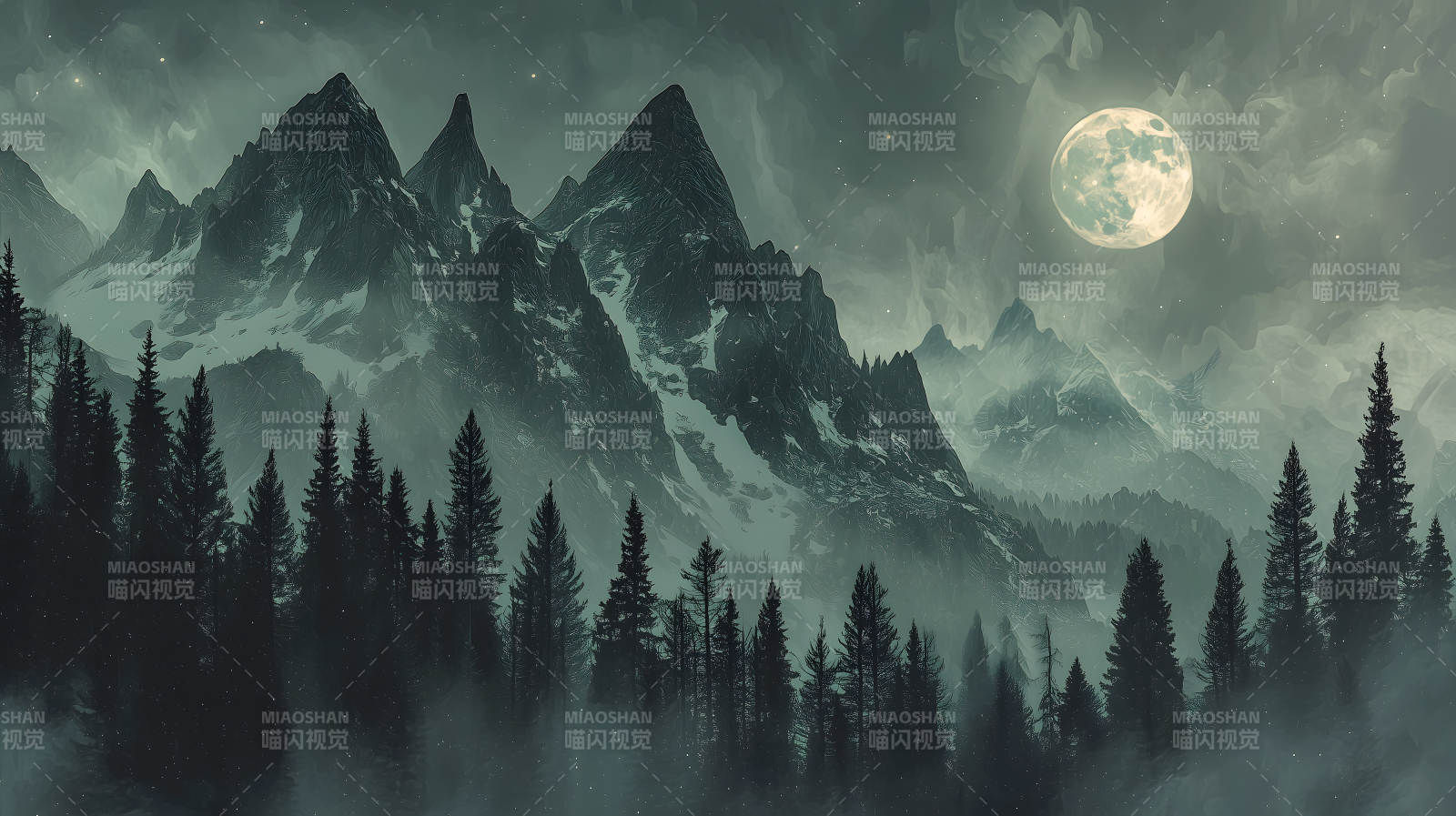 山间明月夜水墨山河月色图片