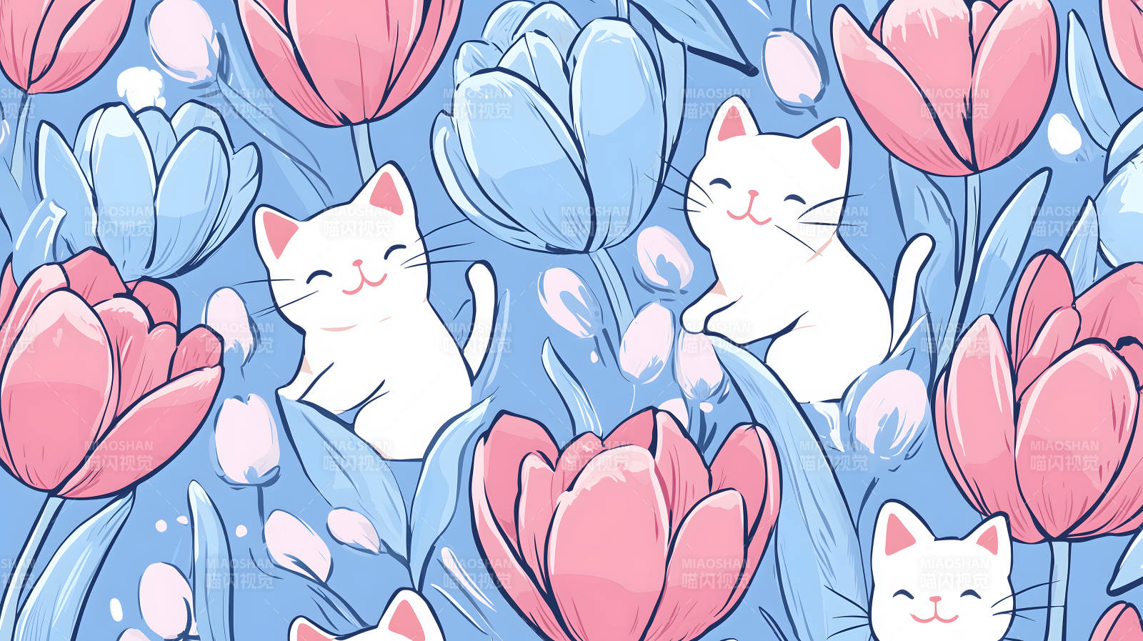 郁金香丛中的猫咪乐园图片