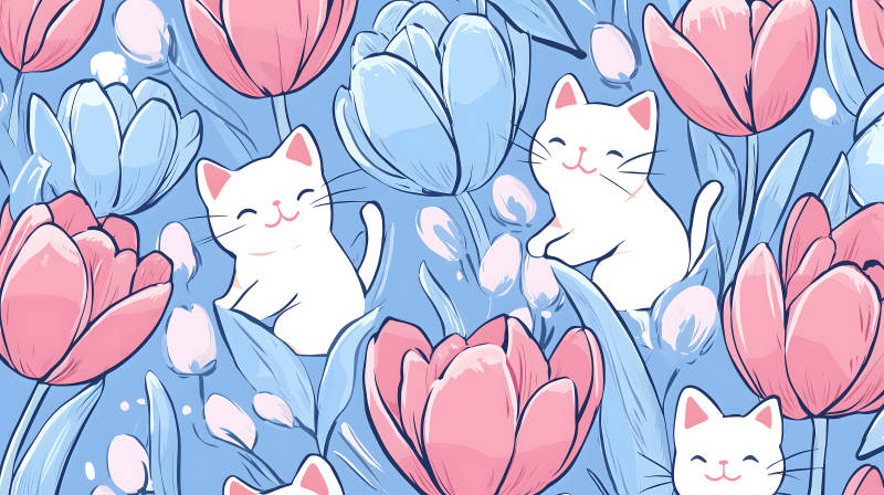 郁金香丛中的猫咪乐园图片