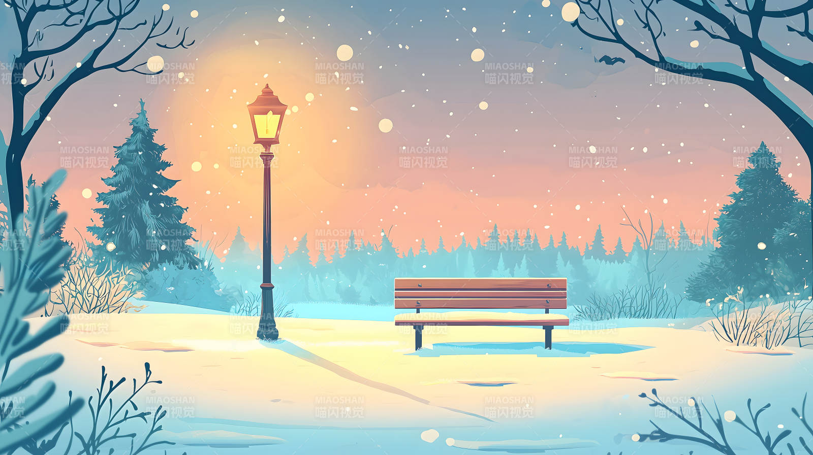 雪夜路灯下的长椅图片