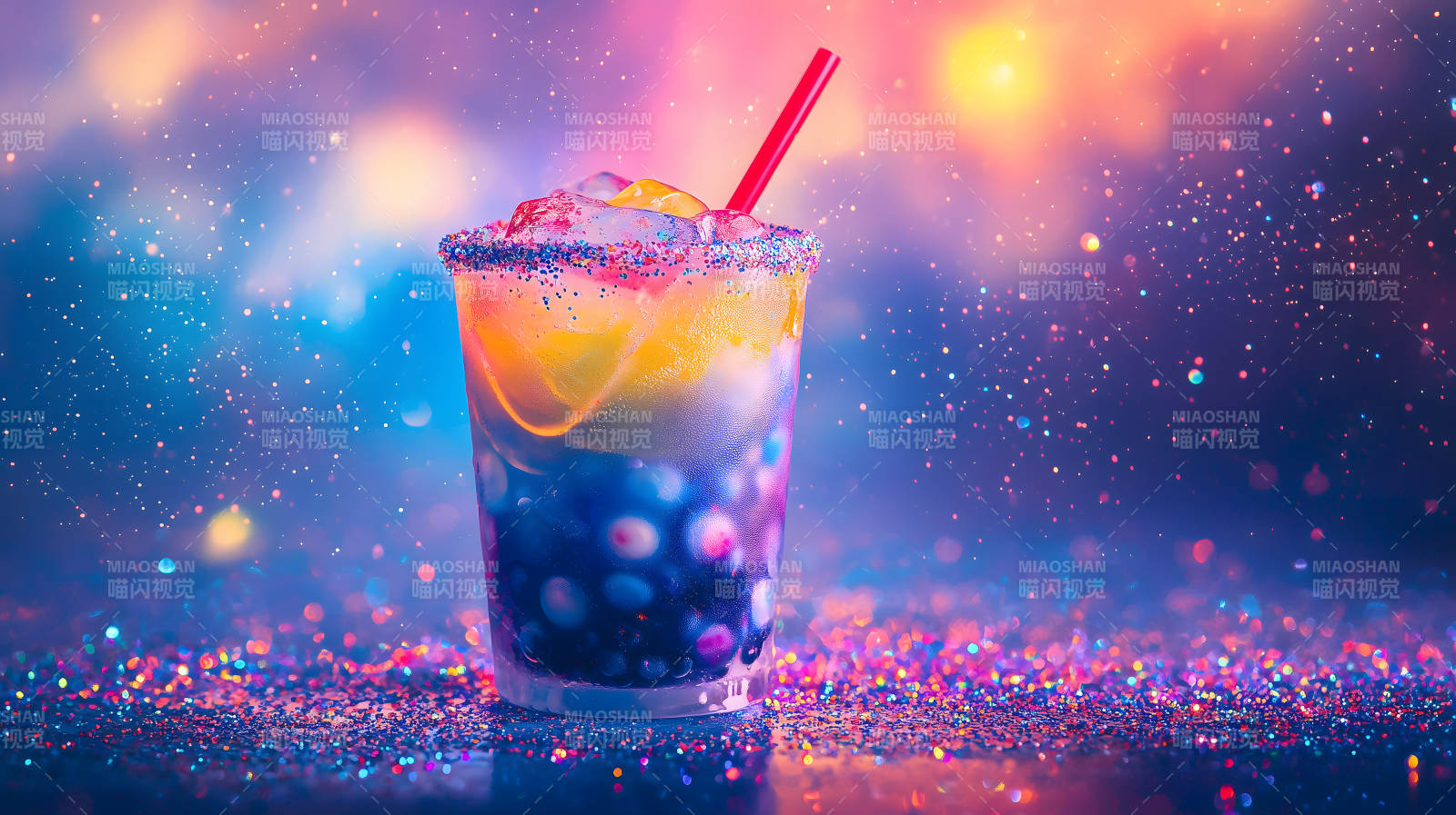 梦幻星空下的气泡饮品图片