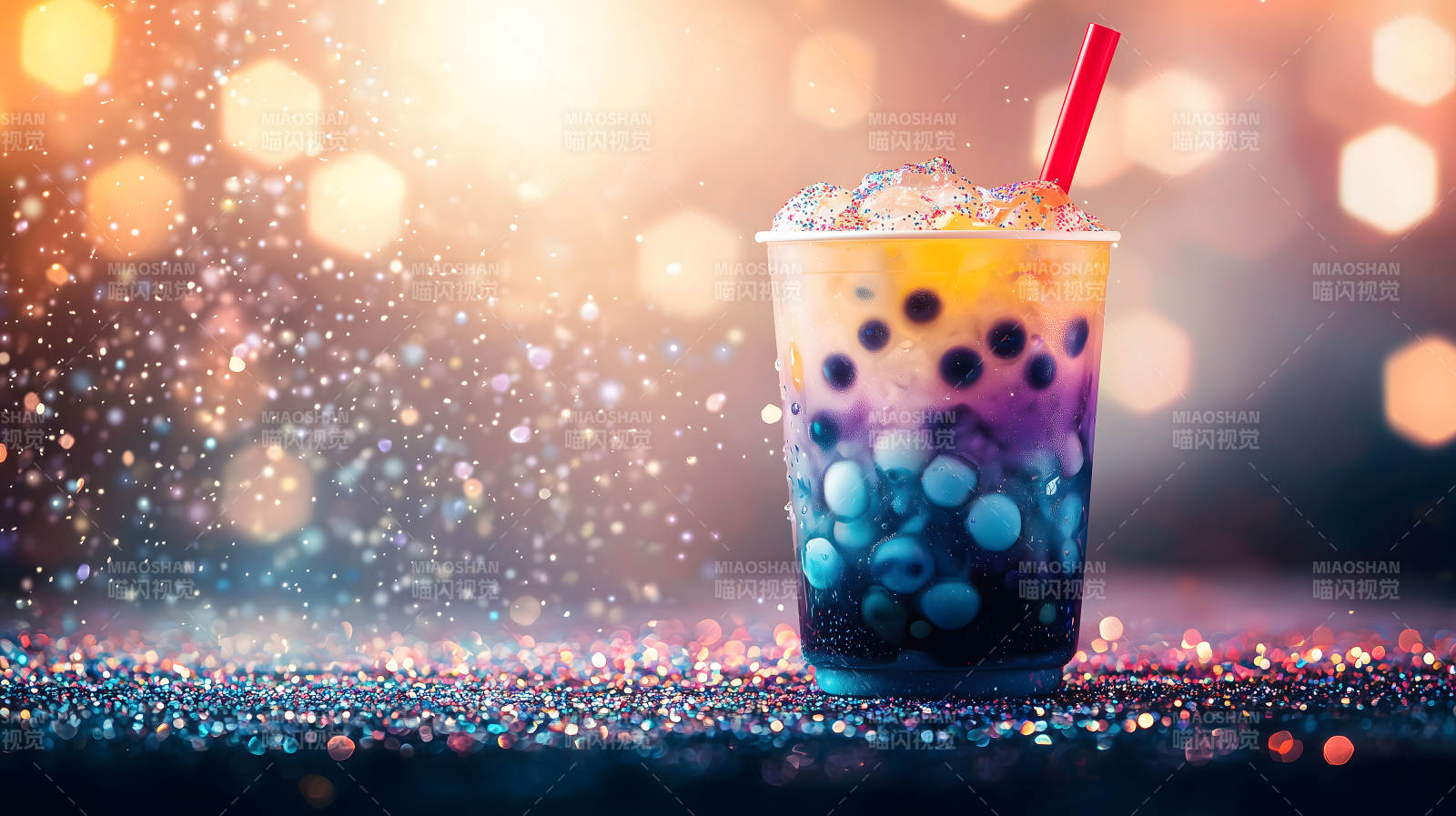 梦幻星空下的气泡饮品图片