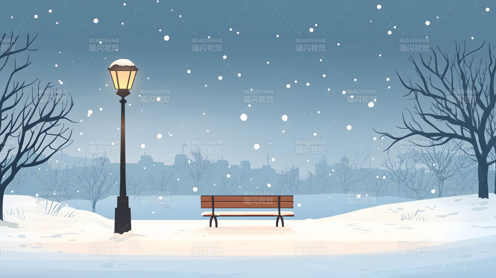 雪夜路灯下的长椅图片