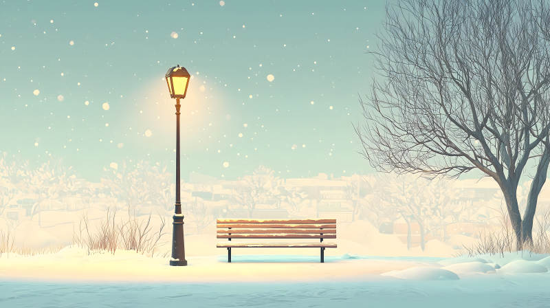 雪夜路灯下的长椅图片