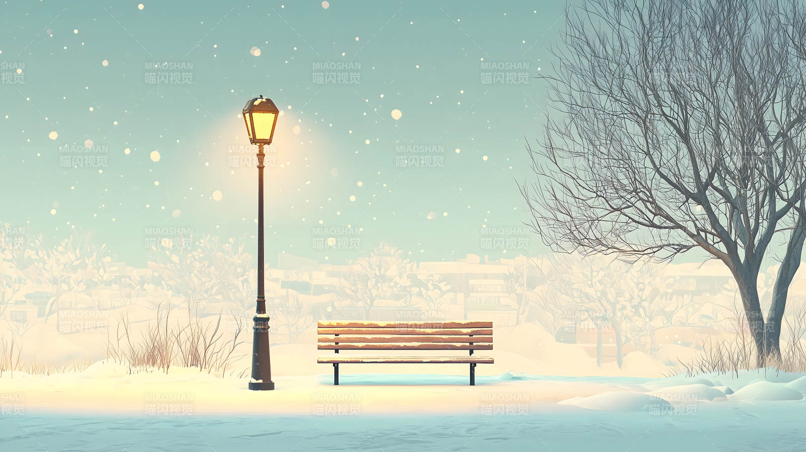 雪夜路灯下的长椅图片