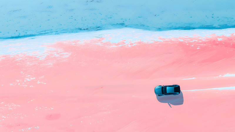 粉色盐湖上的公路之旅图片